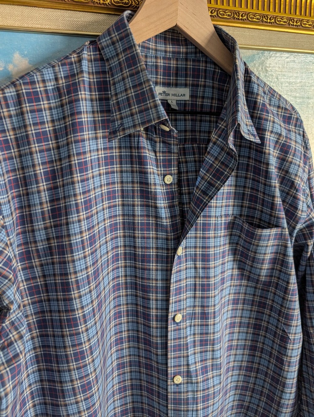 Peter Millar Men's Navy and Red Plaid Button-Down Shirt